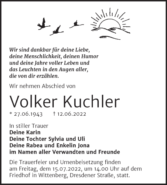 Traueranzeige von Volker Kuchler von Trauerkombi Wittenberg