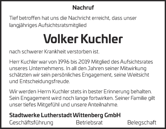 Traueranzeige von Volker Kuchler von Super Sonntag Wittenberg