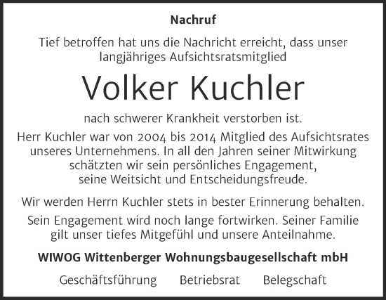 Traueranzeige von Volker Kuchler von Mitteldeutsche Zeitung