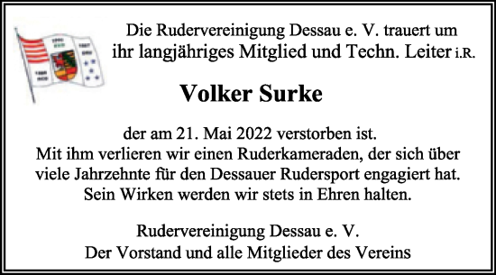 Traueranzeige von Volker Surke von Super Sonntag Dessau-Roßlau