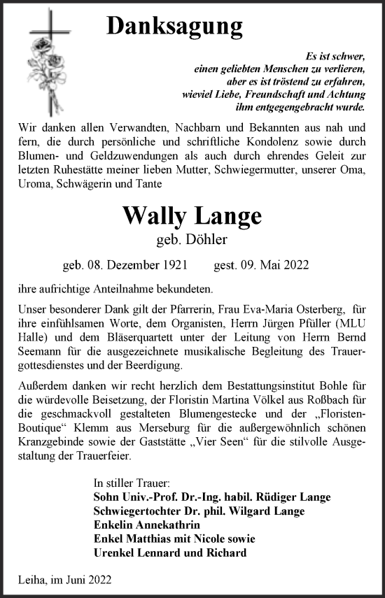 Traueranzeige von Wally Lange von Trauerkombi Merseburg