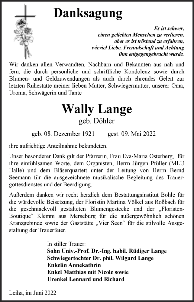  Traueranzeige für Wally Lange vom 04.06.2022 aus Trauerkombi Merseburg