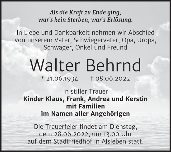 Traueranzeige von Walter Behrnd von Trauerkombi Bernburg