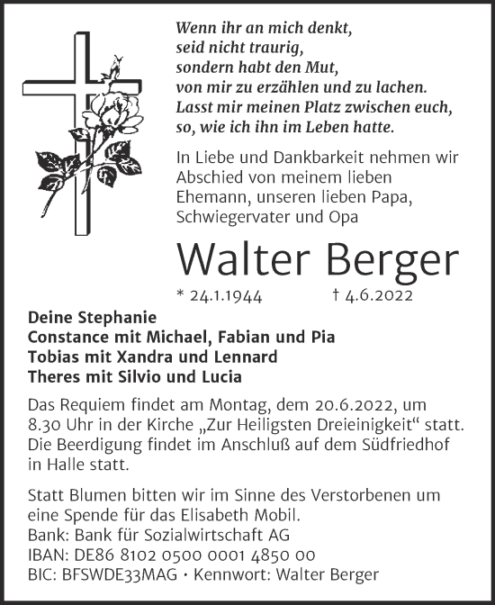 Traueranzeige von Walter Berger von Mitteldeutsche Zeitung Halle/Saalkreis