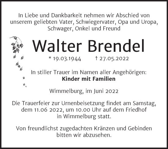 Traueranzeige von Walter Brendel von Trauerkombi Mansfelder Land