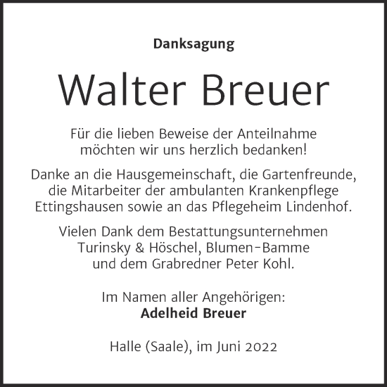Traueranzeige von Walter Breuer von Mitteldeutsche Zeitung Halle/Saalkreis