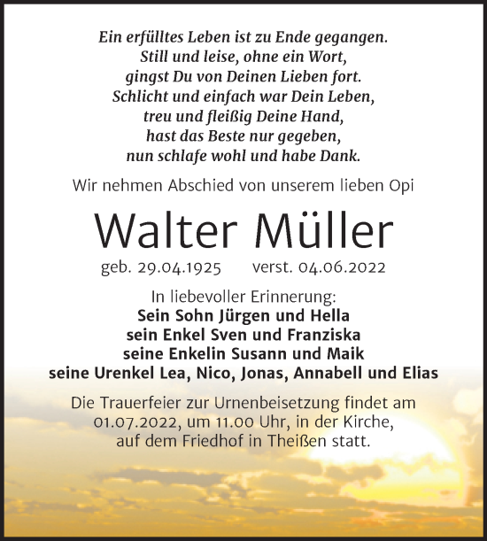 Traueranzeige von Walter Müller von Trauerkombi Zeitz