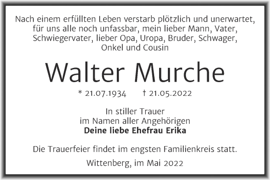 Traueranzeige von Walter Murche von Trauerkombi Wittenberg