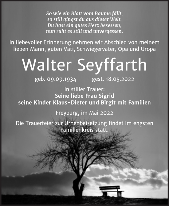 Traueranzeige von Walter Seyffarth von Wochenspiegel Naumburg/Nebra