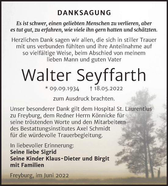 Traueranzeige von Walter Seyffarth von Wochenspiegel Naumburg/Nebra