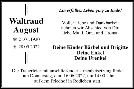Traueranzeige von Waltraud August von Trauerkombi Dessau