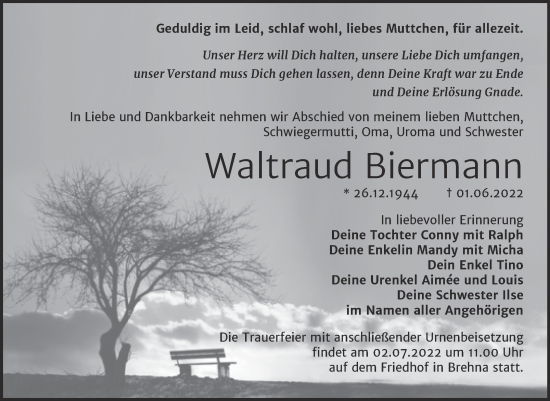 Traueranzeige von Waltraud Biermann von Trauerkombi Bitterfeld