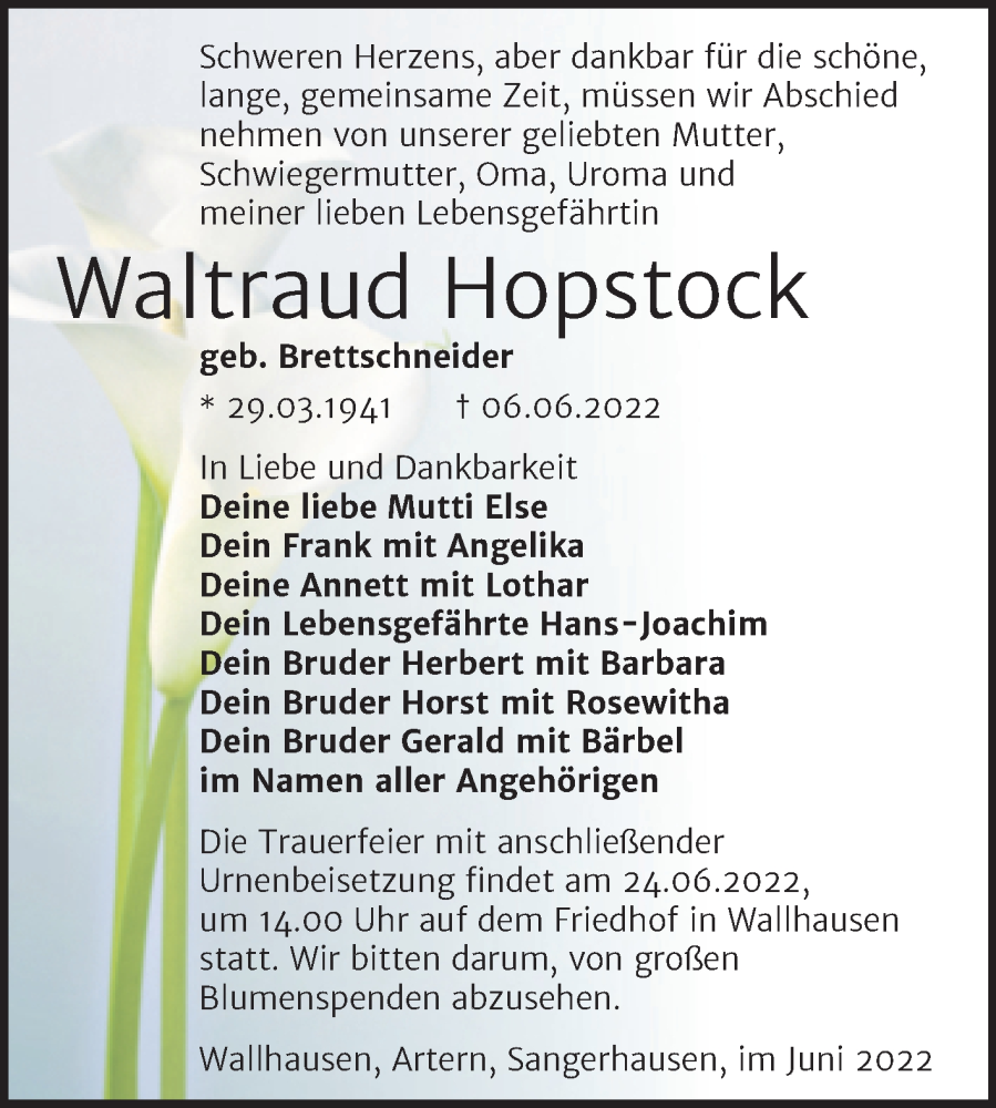 Traueranzeige für Waltraud Hopstock vom 11.06.2022 aus Trauerkombi Sangerhausen