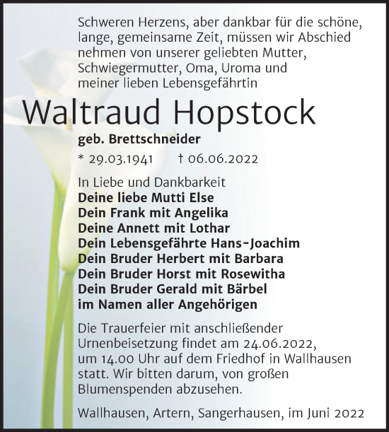 Traueranzeige von Waltraud Hopstock von Trauerkombi Sangerhausen