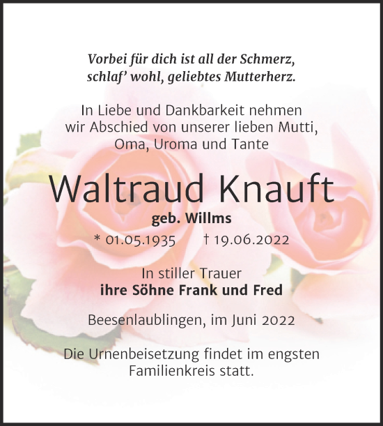 Traueranzeige von Waltraud Knauft von Trauerkombi Bernburg