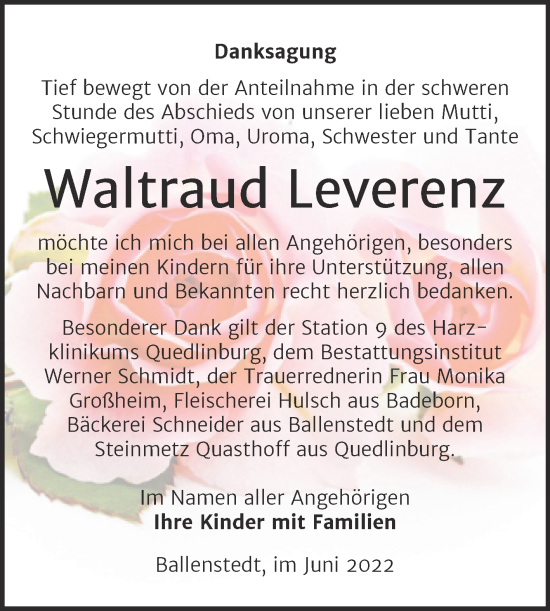 Traueranzeige von Waltraud Leverenz von Trauerkombi Quedlinburg