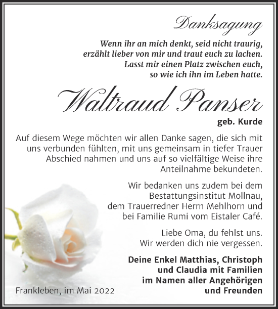 Traueranzeige von Waltraud Panser von Trauerkombi Merseburg