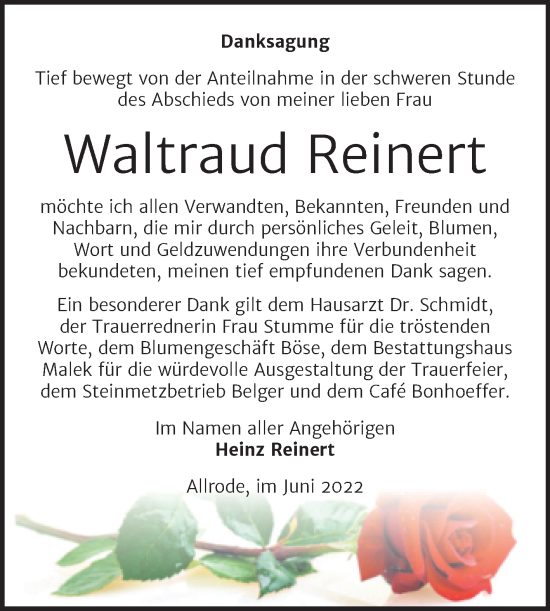 Traueranzeige von Waltraud Reinert von Trauerkombi Quedlinburg