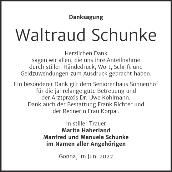 Traueranzeige von Waltraud Schunke von Trauerkombi Sangerhausen