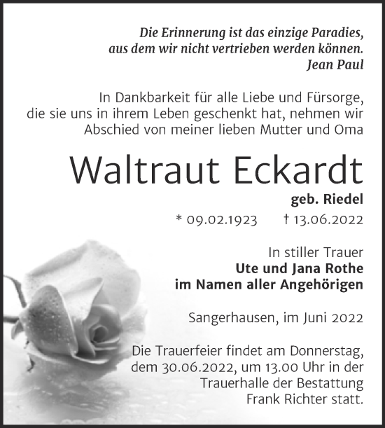 Traueranzeige von Waltraut Eckardt von Trauerkombi Sangerhausen