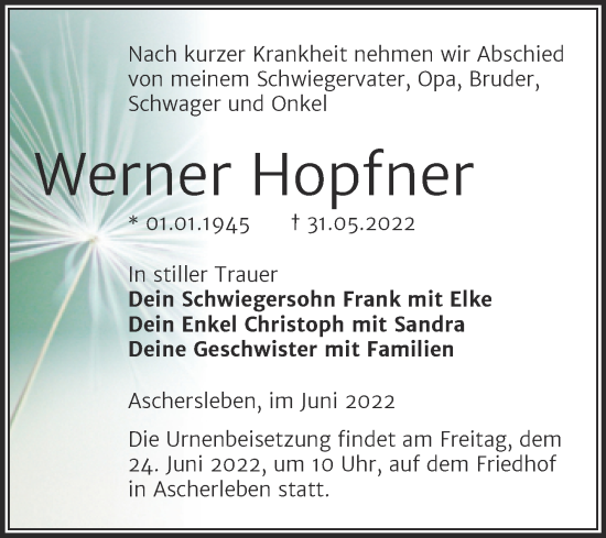 Traueranzeige von Werner Hopfner von Trauerkombi Aschersleben