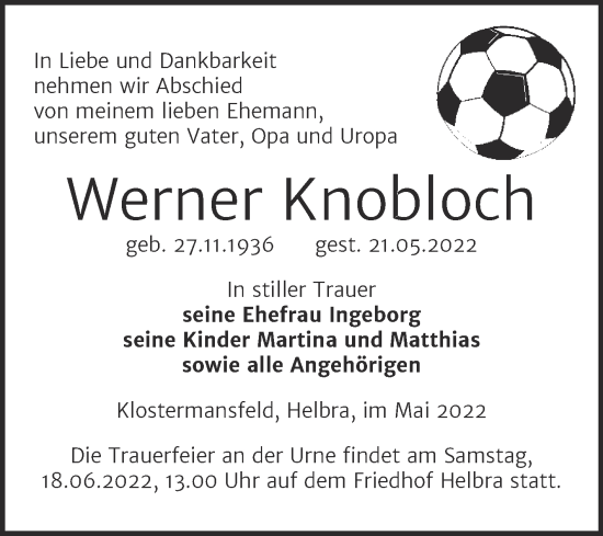 Traueranzeige von Werner Knobloch von Trauerkombi Mansfelder Land