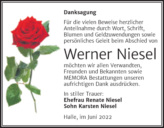 Traueranzeige von Werner Niesel von Mitteldeutsche Zeitung Halle/Saalkreis