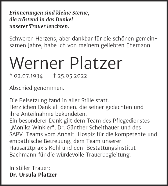 Traueranzeige von Werner Platzer von Trauerkombi Dessau