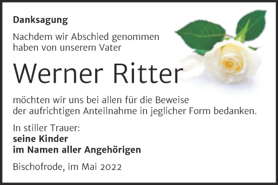 Traueranzeige von Werner Ritter von Trauerkombi Mansfelder Land