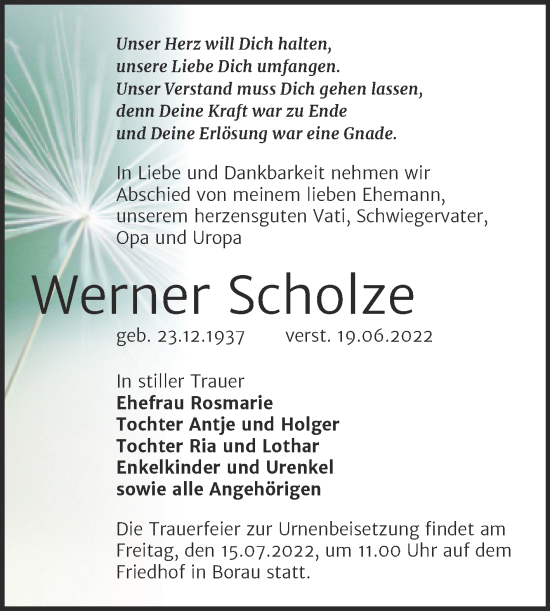 Traueranzeige von Werner Scholze von Trauerkombi Weißenfels