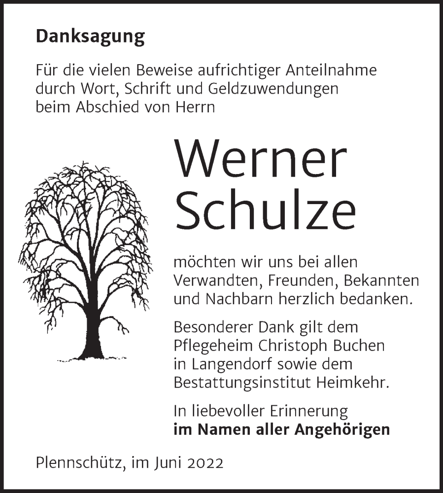  Traueranzeige für Werner Schulze vom 29.06.2022 aus Trauerkombi Weißenfels