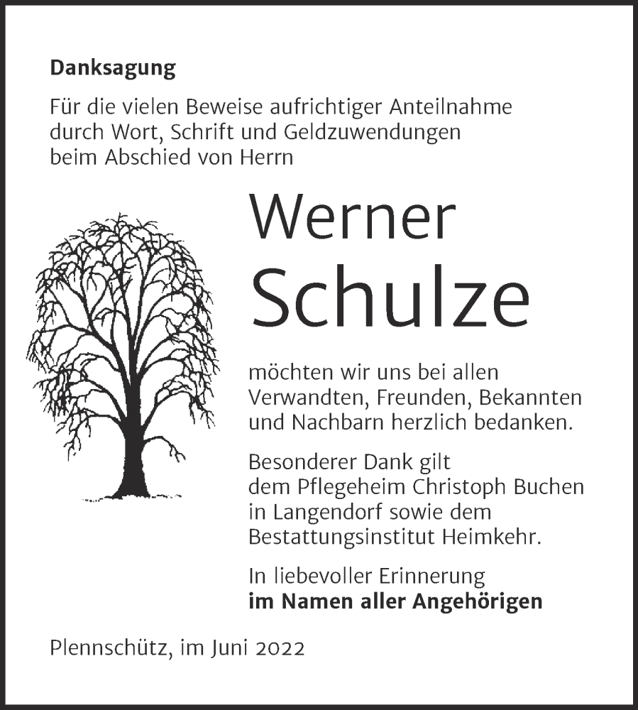  Traueranzeige für Werner Schulze vom 25.06.2022 aus Trauerkombi Weißenfels