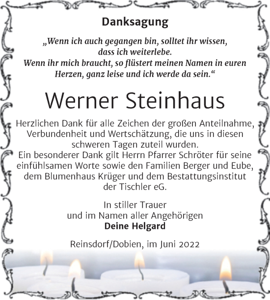 Traueranzeige von Werner Steinhaus von Trauerkombi Wittenberg