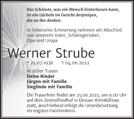 Traueranzeige von Werner Strube von Trauerkombi Dessau