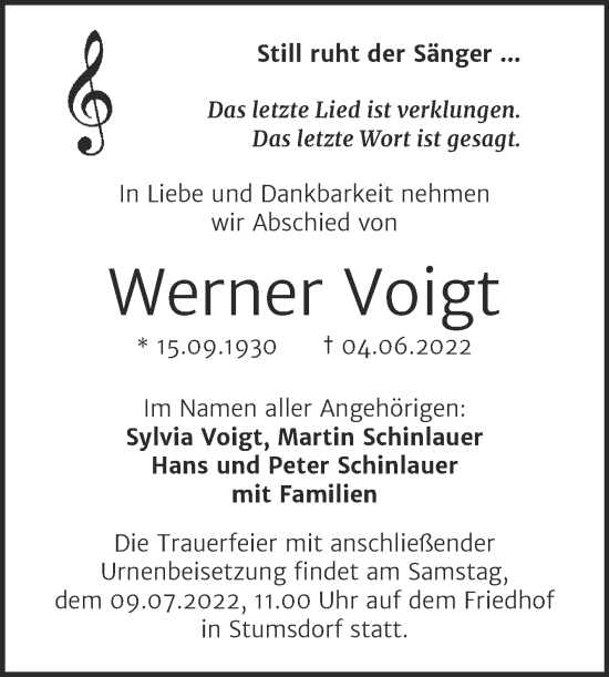 Traueranzeige von Werner Voigt von Trauerkombi Bitterfeld