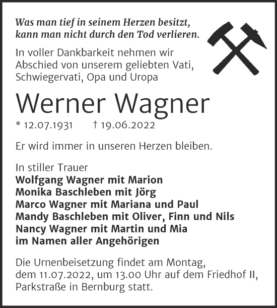 Traueranzeige von Werner Wagner von Trauerkombi Bernburg