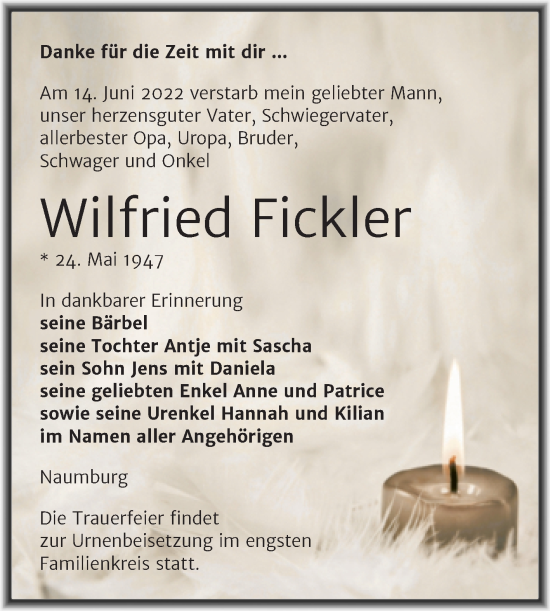 Traueranzeige von Wilfried Fickler von Naumburger Tageblatt