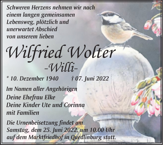 Traueranzeige von Wilfried Wolter von Trauerkombi Quedlinburg