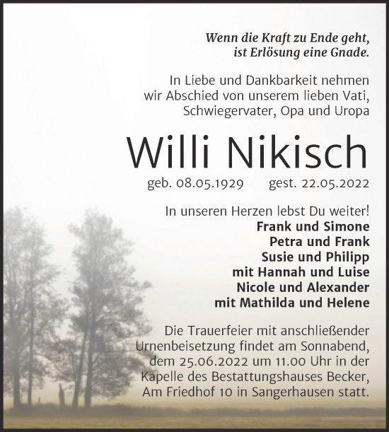 Traueranzeige von Willi Nikisch von Trauerkombi Sangerhausen
