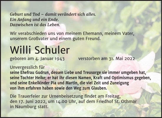 Traueranzeige von Willi Schuler von Naumburger Tageblatt