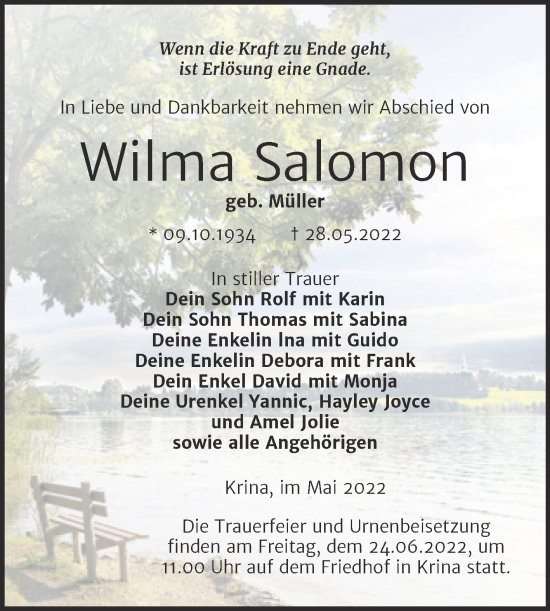 Traueranzeige von Wilma Salomon von Trauerkombi Bitterfeld