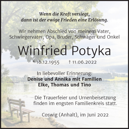 Traueranzeige von Winfried Potyka von Trauerkombi Wittenberg
