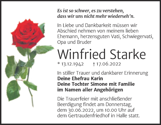 Traueranzeige von Winfried Starke von Mitteldeutsche Zeitung Halle/Saalkreis