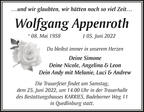 Traueranzeige von Wolfgang Appenroth von Trauerkombi Quedlinburg