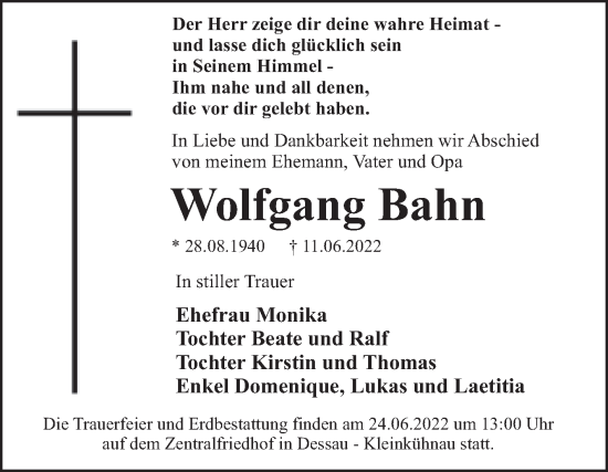 Traueranzeige von Wolfgang Bahn von Trauerkombi Dessau