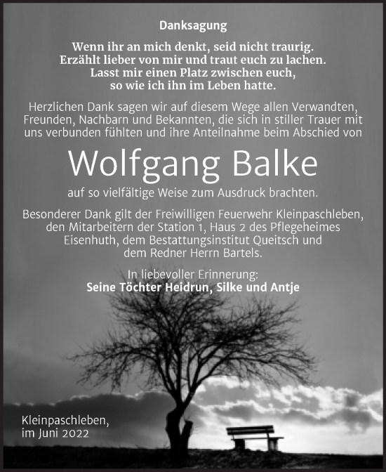 Traueranzeige von Wolfgang Balke von Trauerkombi Köthen