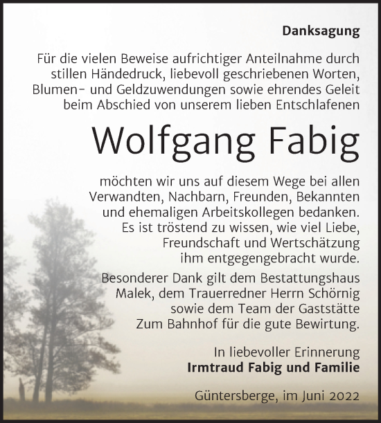 Traueranzeige von Wolfgang Fabig von Trauerkombi Quedlinburg