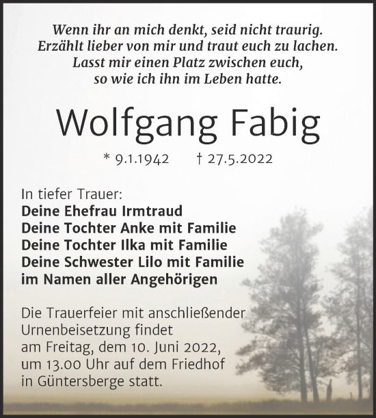 Traueranzeige von Wolfgang Fabig von Trauerkombi Quedlinburg