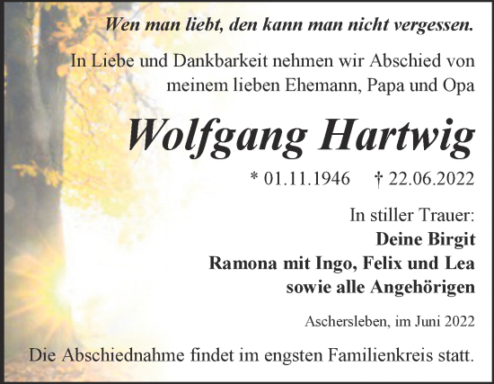 Traueranzeige von Wolfgang Hartwig von Trauerkombi Aschersleben
