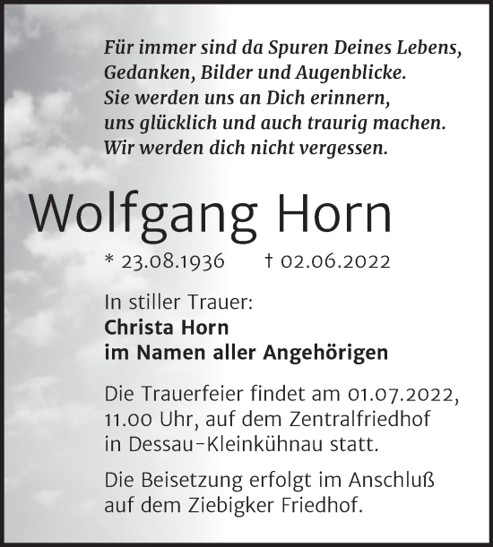Traueranzeige von Wolfgang Horn von Trauerkombi Dessau